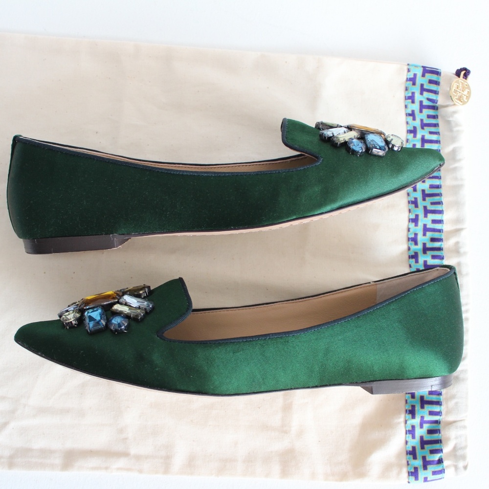 Tory Burch Mayada Emerald Satin Smoking Flats 10M - Picture 5 of 8